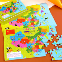 Magnetic World & China Map Puzzle for Kids, Educational Wooden Jigsaw with Iron Box, Thickened Early Learning Toy