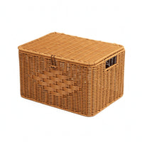Natural Brown Imitation-Rattan Storage Box Rounded Edges Handmade Lidded Box Handle Openings Rectangular Storage Basket Handwoven