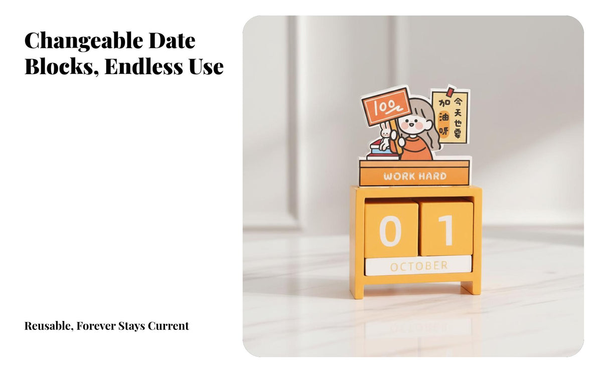 Perpetual Wooden Calendar, Desktop Cartoon DIY Table Calendar, Creative Gift Decor