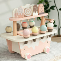 Toy Ice Cream Cart Pastel Wooden Play Cart with Desserts Sturdy Pretend Play Dessert Stand for Kids