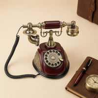 Burgundy-Red Vintage Rotary Telephone Gold-Tone Accents Decorative Tabletop Telephone Ornate Old Fashioned Corded Phone Coiled Cord
