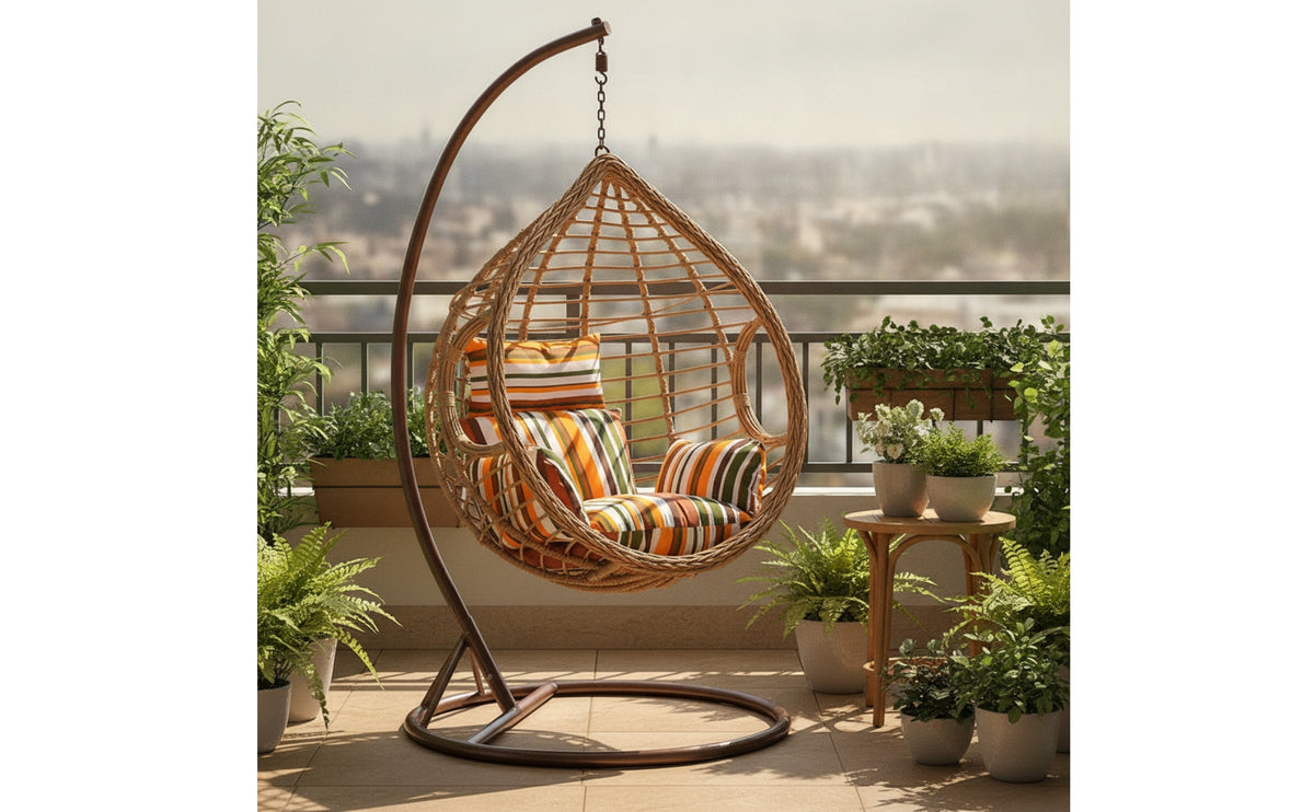 Rattan-Style Hanging Basket Chair Woven Egg Chair with Stand Freestanding Weather Resistant for Sunroom