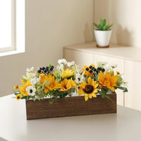 Helianthus Centerpiece with Wooden Planter Summer Floral Arrangement Decorative Decor for Shelf