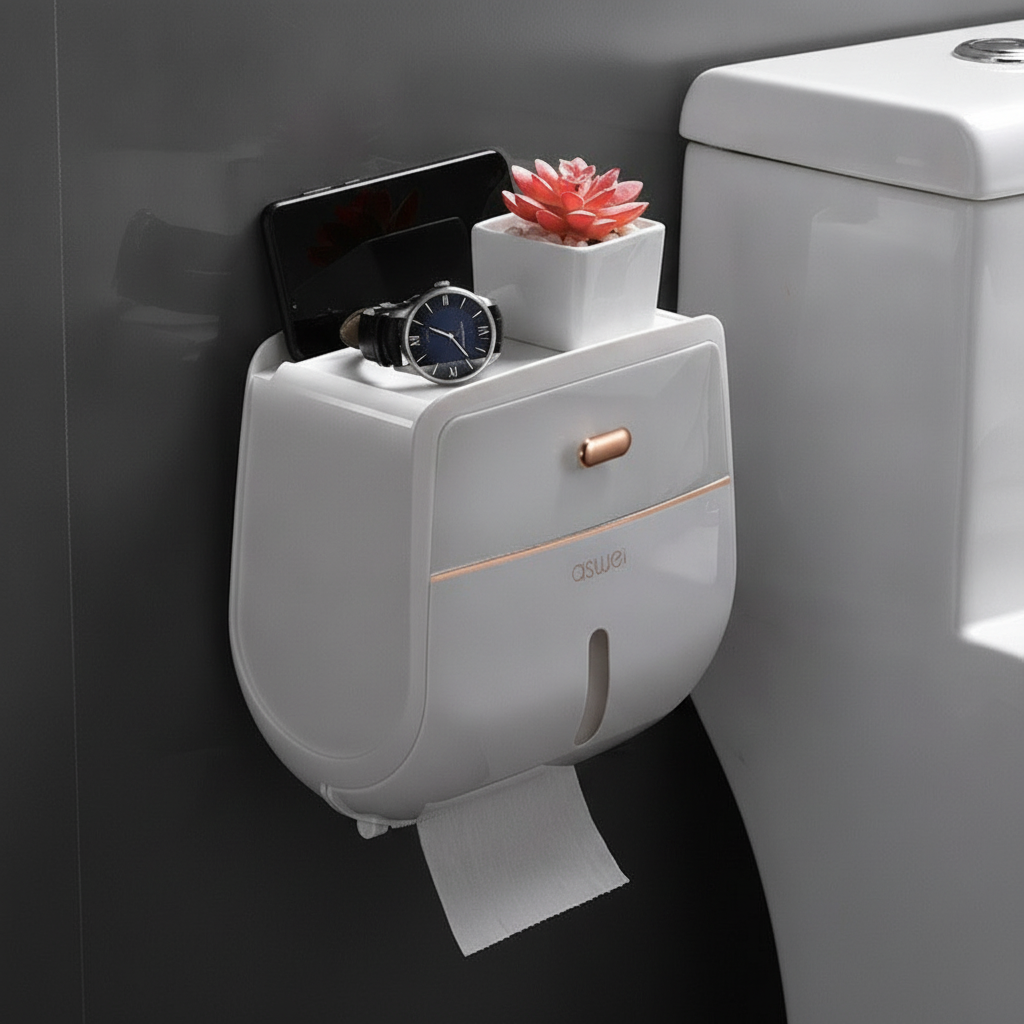 Wall-Mounted Toilet Paper Holder with Storage Shelf, Waterproof Double-Layer Tissue Dispenser for Bathroom and Dorm