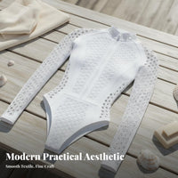 Long Sleeve Zip up Swimsuit Quick-Drying Front Zip Single Piece women's Wave-Riding Ing Suit Breathable Material White Mesh