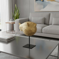 Gold Pufferfish Sculpture with Stand Coastal Pufferfish Figurine Lustrous Puffer Marine Creature Sculpture Ocean for Homeowners, Art Collectors, Living Room, Bookshelf, Office, Entryway