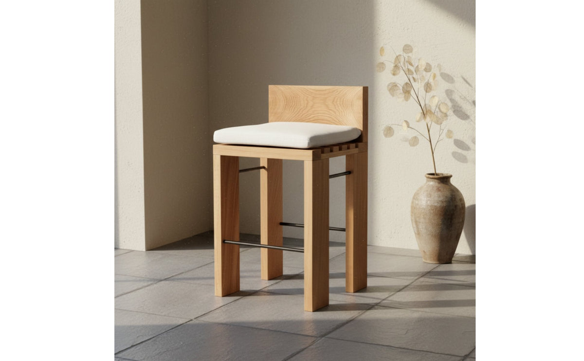 Wabi-Sabi Aesthetic Solid Wood High Chair with Cushion Retro Design Wooden Bar Stool with Backrest Upholstered Counter Height Stool for Cafe