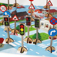 Learning Traffic Sign Set with Play Mat Educational City Play Set Wooden Playset Compact for Children, Toddlers, Playroom