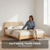 Rattan Headboard Bed Retro Design Solid Wood Foundation Bed Aesthetic Bedroom Furniture for Guesthouse Owners, Couples, Guest Room, Hotel, Home