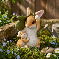 Hare Statue with Leaf Motif Hand-Painted Family Bunny Decorations Charming Hare Garden Statue for Nature Lovers, Patio