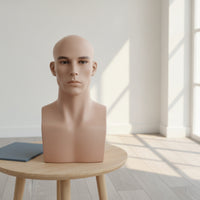 Male Mannequin Head with Shoulders Tabletop Male Display Bust with Flat Bald Mannequin Head for Cosmetologists