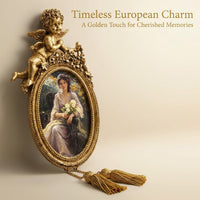 Ornate French Cherub Photo Frame, Handcrafted Resin Angel Photo Frame, Gold Tone Oval Photo Frame, Embossed Floral Resin Photo Frame