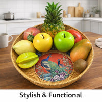 Woven Fruit Basket Decorative Tray, Handwoven Rattan Serving Dish for Snacks and Dry Fruits, Light Storage Basket for Home Kitchen Decor
