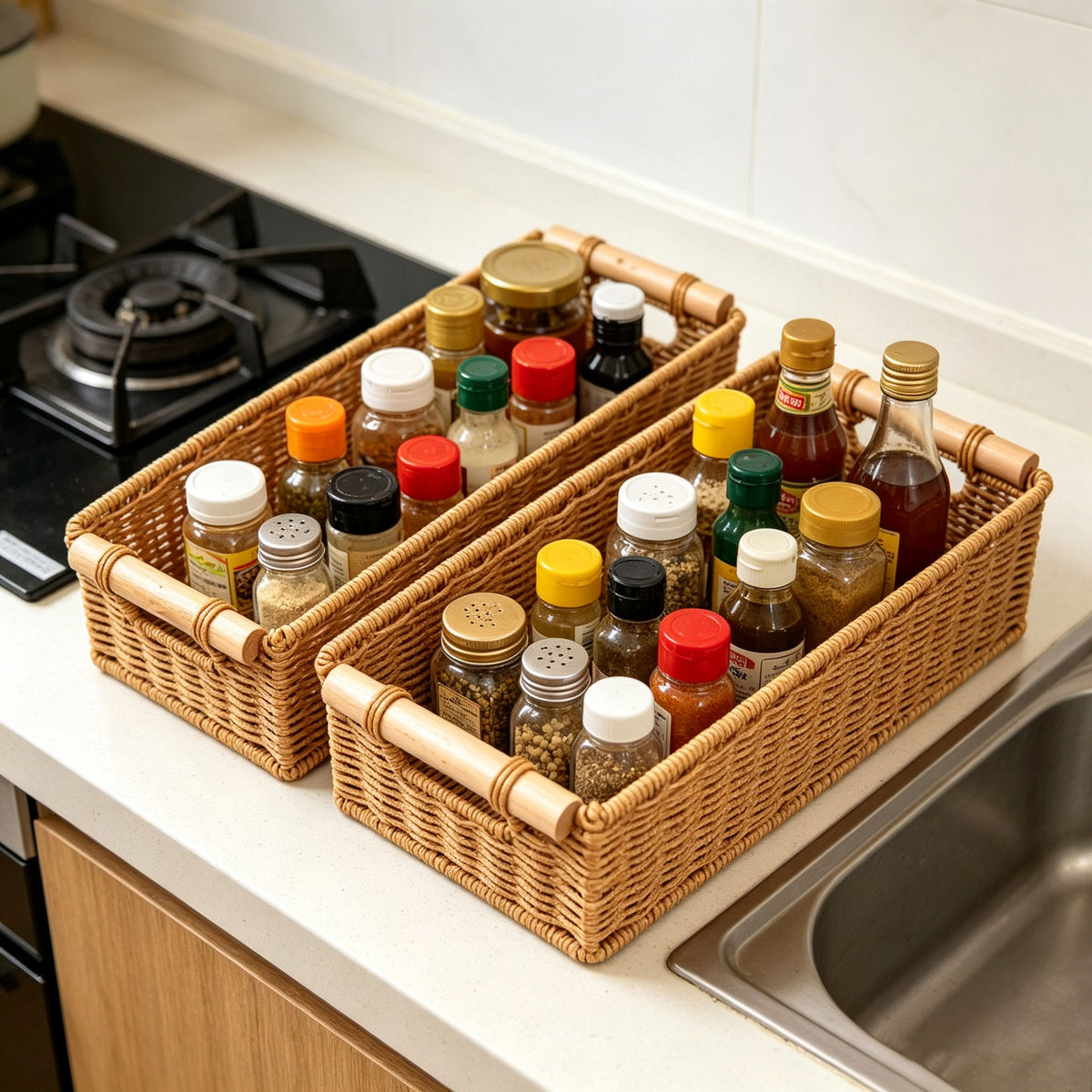 Rattan-Look Basket for Desktop Snacks, Toys, Sundries Storage, for Bathroom, Kitchen, Organizing Small Baskets