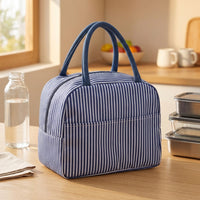 Lunch Box and Insulated Lunch Bags for Women with Faux Leather Handle, Reusable Striped Cool Bag Lunch Box for School Picnic, Nylon Material