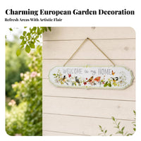 Floral and Bird Motif Metal Welcome Sign Scalloped Edges Hanging Welcome Plaque Gold-Tone Chain Hanging Wall Sign Pale Green Trim for Fence