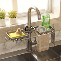 Kitchen Sink Organizer Faucet Shelf with Two Sponge Holders and Dishwashing Rack, Lightweight aluminum Over Faucet Sink Tidy with Towel Bar Clamp