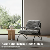 Nordic aesthetic Houndstooth Armchair Modern Minimalist Upholstered Accent Armchair sturdy Wood Frame Lounge Chair Designer Piece for Interior Designers, Readers, Homeowners, Living Room, perusing corner, Home Office, Entryway