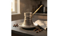 Long Handle Turkish Coffee Pot Flared Body Ibrik Coffee Brewer Metal Finish Kitchenware Silver-Toned