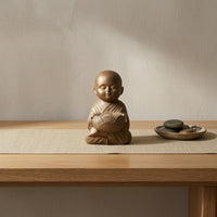 Carved Robe Folds Bronze Monk Candle Holder Polished Bald Head Seated Monk Figurine Compact Lotus Cup Statue Ornamental for Desktop