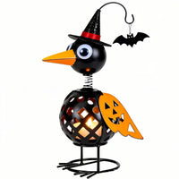 Lighted Crow Decoration Wrought Iron Pumpkin Crow Ornament Spring-Neck Metal Figurine for Halloween