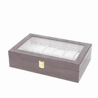 Padded Compartments Watch Organizer Box Transparent Top Window Wooden Watch Box Hinged Lid Wood Grain