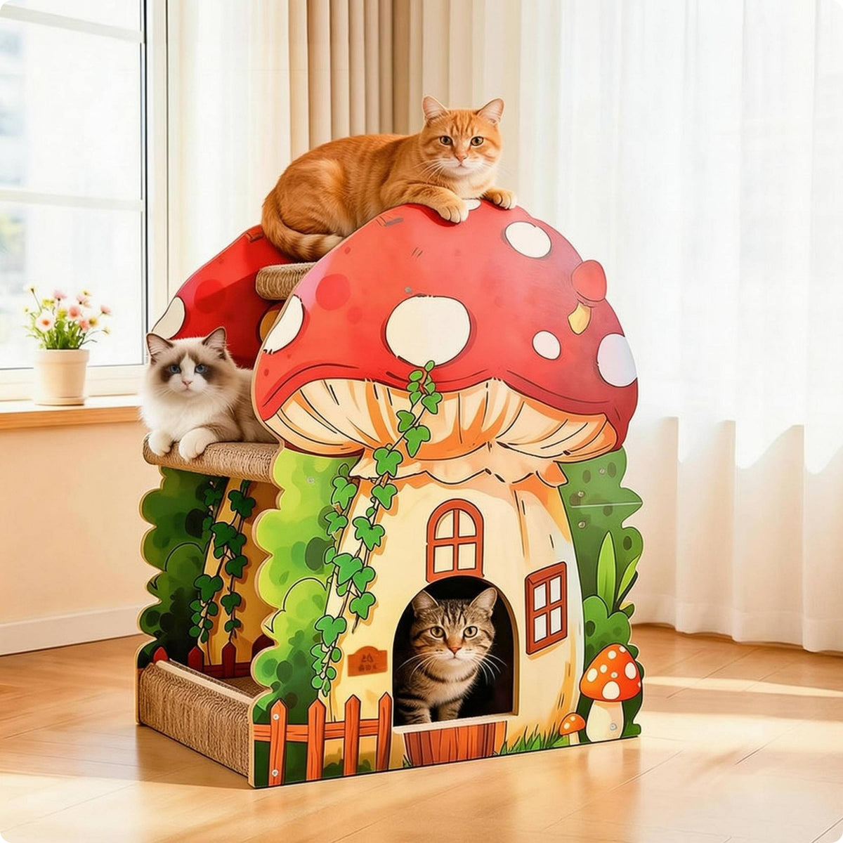 Multi-Layer Cat Scratching House Printed Design Toadstool Tabby Environmentally Conscious Friendly Semi Enclosed Pet Bed