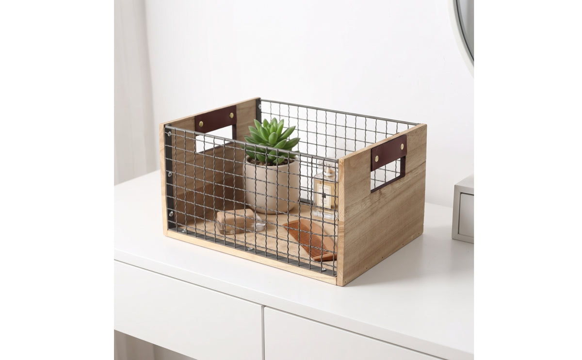Wire Storage Basket with Wooden Handles OpenWire Mesh Top Basket with Wooden Handles Rectangular for Shelf, Desk, Pantry