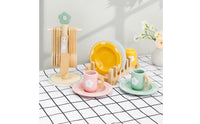 33 Pieces Pastel Accents Wooden Tableware Set Storage Display Pretend Kitchen Accessories Polished Edges Play Plates and Cups Realistic for Children