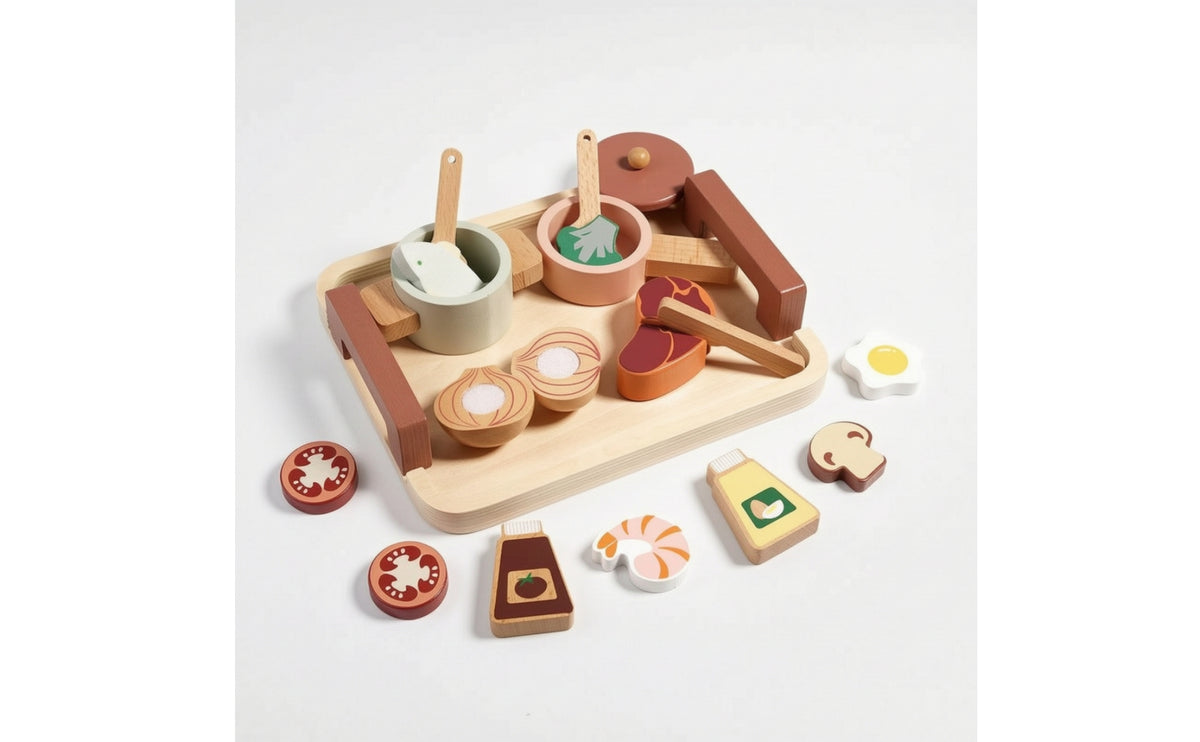 Wooden Pretend Culinary Set with Tray Montessori Fruit and Produce Toy Bright Colors Pretend Culinary Set with Tray