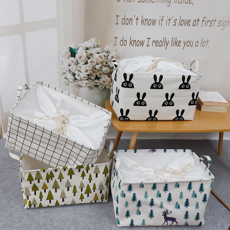 Large Fabric Storage Basket with Drawstring Lid, Foldable Dustproof Moisture-proof Linen Cotton Organizer for Toys Clothes Quilts