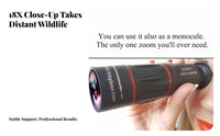 High Magnification 18x Telephoto Ph Single Lens 2-in-1 Function Monocular Telescope for Ph Single Adjustable Focus Mobile Device Telescope Lens Kit HD Optics for Outdoor Enthusiasts, Bird Watchers, Wildlife Viewing, Landscape Photography, Sporting Events