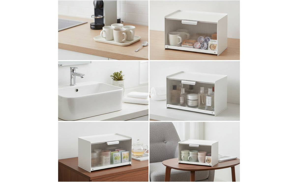 Dustproof Storage Cabinet with Ribbed Door Compact Countertop Storage Box with Translucent Door Space-Saving Tabletop Organizer Dust-Proof for Kitchen, Vanity, Tea Table