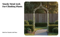 Powder Coated Finish Wrought Iron Garden Arch Weather Resistant Freestanding Climbing Plant Arbor Rustproof Vintage Design Metal Arch Decorative Scrollwork for Gardeners, Homeowners, Event Planners, Patio, Backyard, Yard, Pathway Entrance