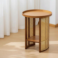 Japanese design dual-level Round Nightstand Rattan Weave Design 2-Tier circular table Rounded Edges Household Furniture Space-Saving for Apartment Dwellers, Homeowners, Adults, Living Room, Bedroom, Small Spaces, Hallway