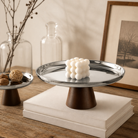 Nordic Wood & Silver Metal Cake Stand, Footed Cake Stand for Birthday Parties, Decorative Cake Serving Stand, Modern Dessert Display