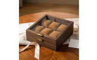 Display-Style Watch Storage Box with Transparent Lid Wood-Grain 6-Slot Watch Organizer Compact Soft for Dresser