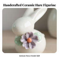 Light Luxury Accent Bunny Ornament with Flower Premium Craftsmanship White Porcelain Bunny Statue Elegant Design for Desktop, Car Dashboard