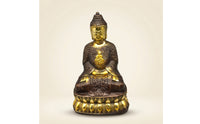 Buddha Statue with Pedestal Copper-Toned Statue with Pedestal Ornate Buddha Figurine for Altar