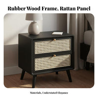 Minimalist Design Solid Wood Rattan Nightstand Sturdy Construction Nightstand with Drawers Easy Assembly 2-Drawer Bedside Cabinet Multi-Purpose for Homeowners, Students, Couples, Guest Room, Home, Hallway, Hotel