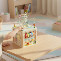 Color Recognition Wooden Activity Cube Multifunction Wooden Bead Maze Cube Hand Eye Coordination Educational Busy Box Fine Movement Skills for Toddlers, Babies, Preschool, Nursery, Kindergarten