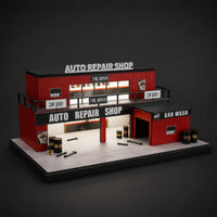 Two-Level 1/64 Repair Shop Model Illuminated Auto Repair Shop Diorama Display Base Car Wash Garage Model Printed Details