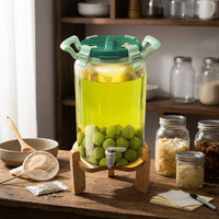Glass Jar Fermentation Jars with Wood Stand, Wide Neck Fermenting Jar and Drink Dispenser, Reusable Kitchen Storage for Liqueur Making, Round