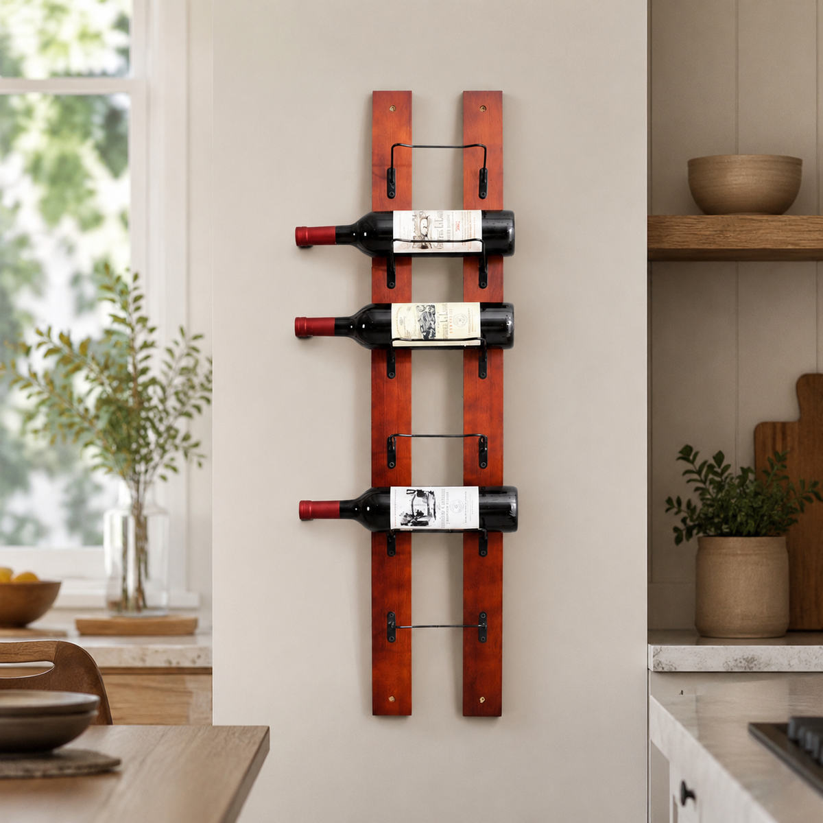 Rustic Wooden Wall Mounted Wine Rack, Vintage Dark Reddish-Brown Wine Display for Kitchen & Dining Room, Home Decor Wall Wine Rack