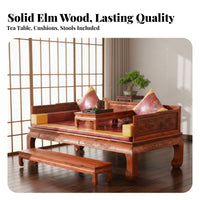 Chinese Arhat Bed Tiger Leg Design Traditional Elm Wood Daybed Tranquil Influenced Solid Wood Carved Couch for Tea Enthusiasts, Homeowners, Reception