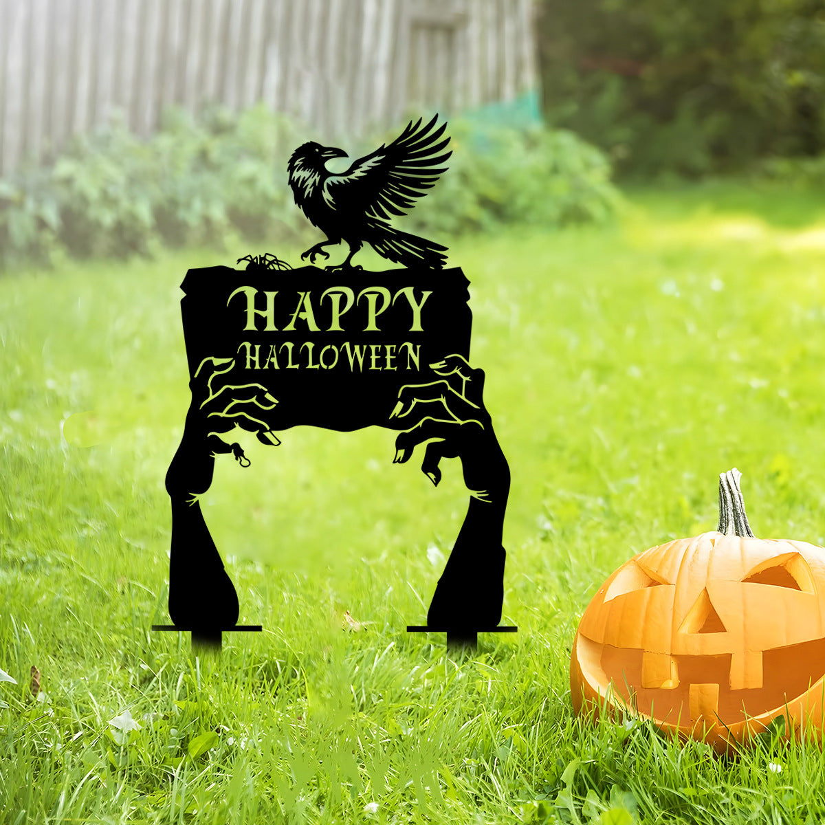 Halloween Witch Cat Iron Garden Stake Decoration Set