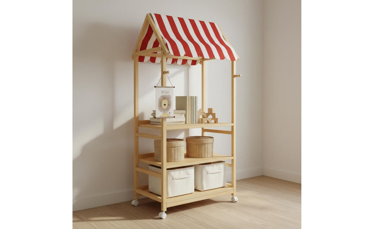 Solid Wood Wooden Book and Toy Display Child-Friendly Design Pretend Play Market Stand Encourages Tidying Market Stall Toy Shelf Develops Creativity for Toddlers, Playroom, Nursery