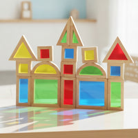 13 Pieces Translucent Geometric Blocks Smooth Wooden Building Blocks with Acrylic Inserts Stacking Toys STEM Rainbow