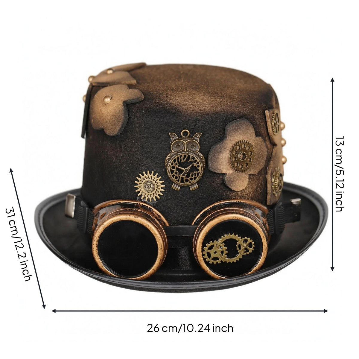 Decorative Flower and Gear Steampunk Hat with Goggles Adjustable Chin Strap Steampunk Top Hat Handmade Headwear