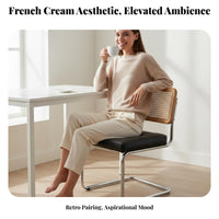 French Look Upholstered Cane Back Chair Vintage Inspired Cantilever Cane-Back Chair Modern Design Accent Seating Tufted Cushion for Adults, Homeowners, Hosts, Dining Room, Kitchen, Restaurant, Study